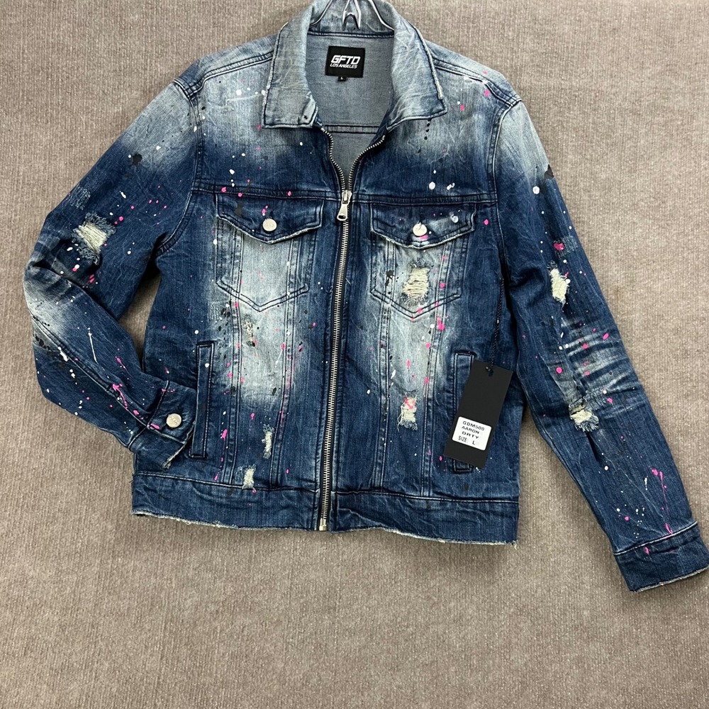 GFTD Los Angeles Aaron Drty Denim Jacket Paint Splatter Distressed Size L NWT